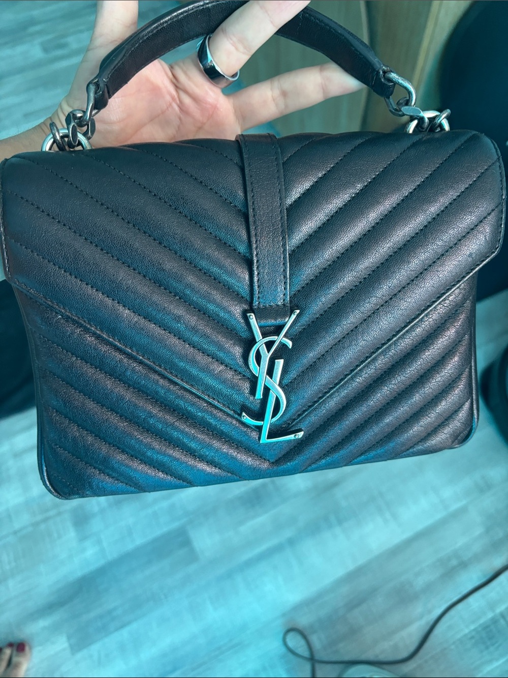 Original 2017 Saint Laurent Black Medium College Bag Chevron - Picture 3 of 13